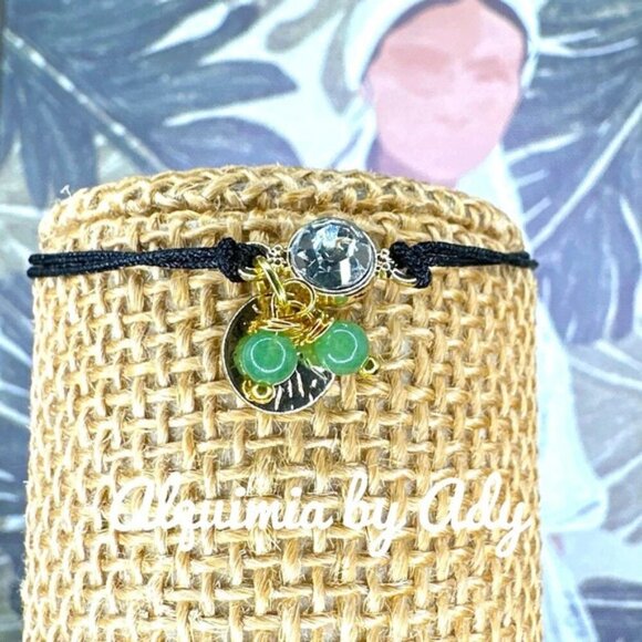 Dainty Aventurine and gold multi charms black cord adjustable bracelet - Picture 1 of 2